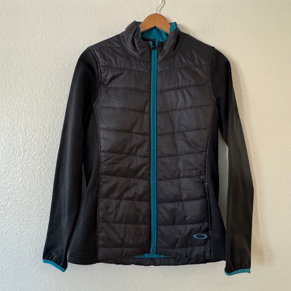 Oakley Hybrid Puffer Jacket Quilted Stretch Full Zip Small Black Teal Excellent